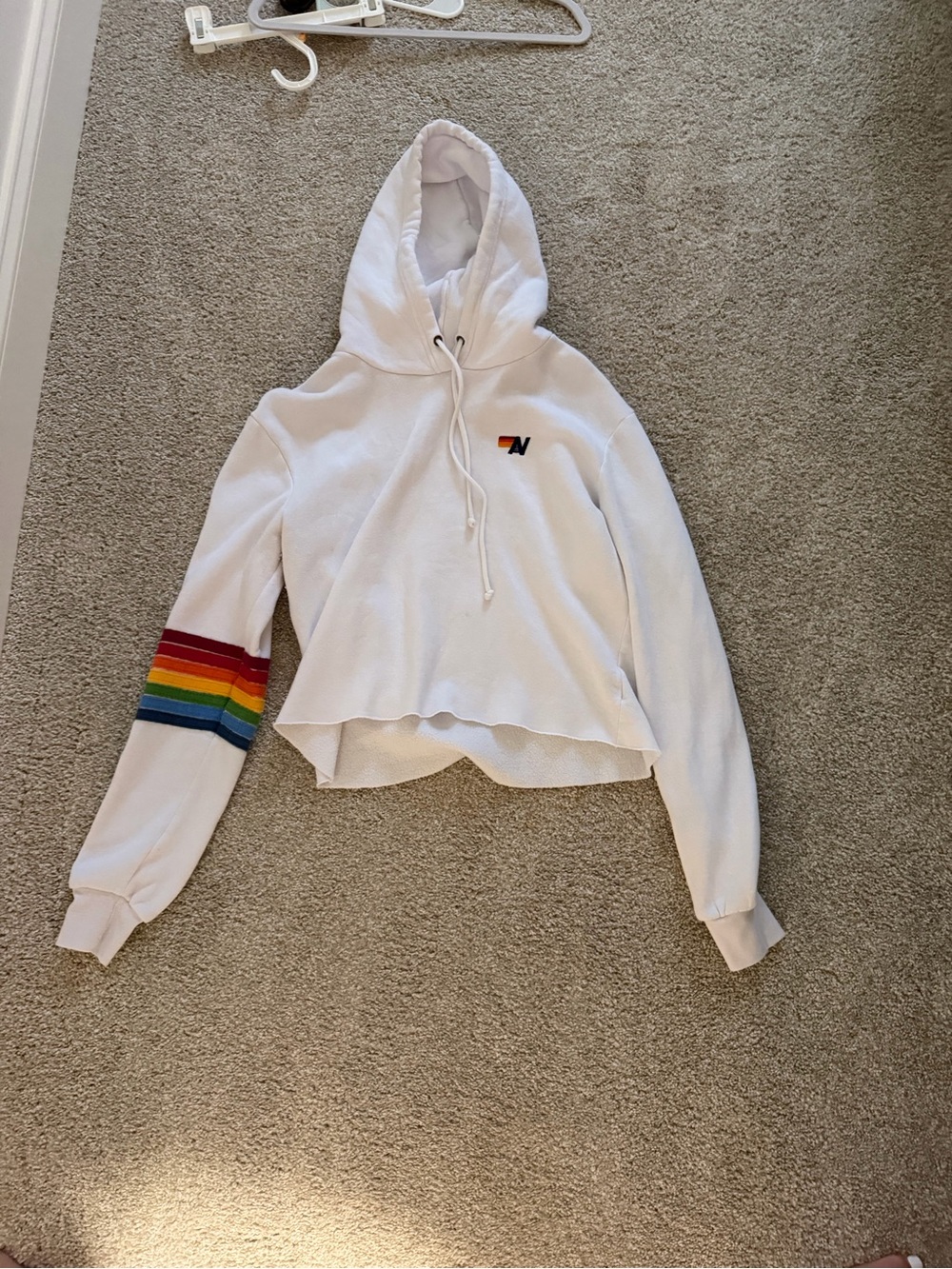 Aviator Nation White Cropped Hoodie with Rainbow Sleeve Stripe